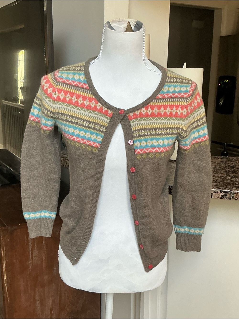 Boden Brown Fair Isle Button-Up Cardigan with Pink & Blue Accents